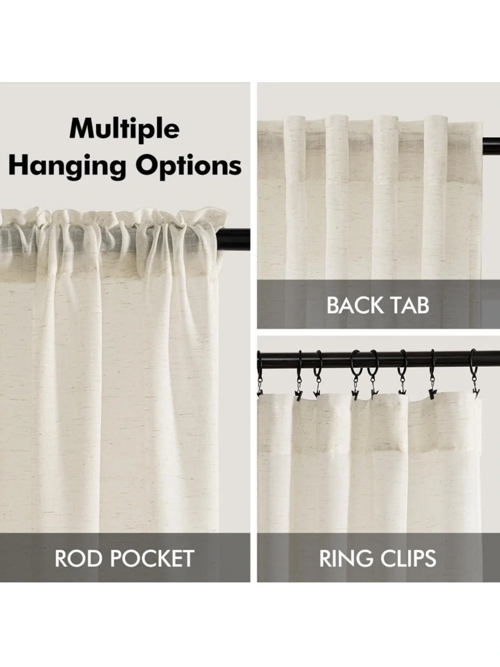 Ivory White Light Filtering Linen Curtains 54 Inch Length 2 Panel Set new 🆕
